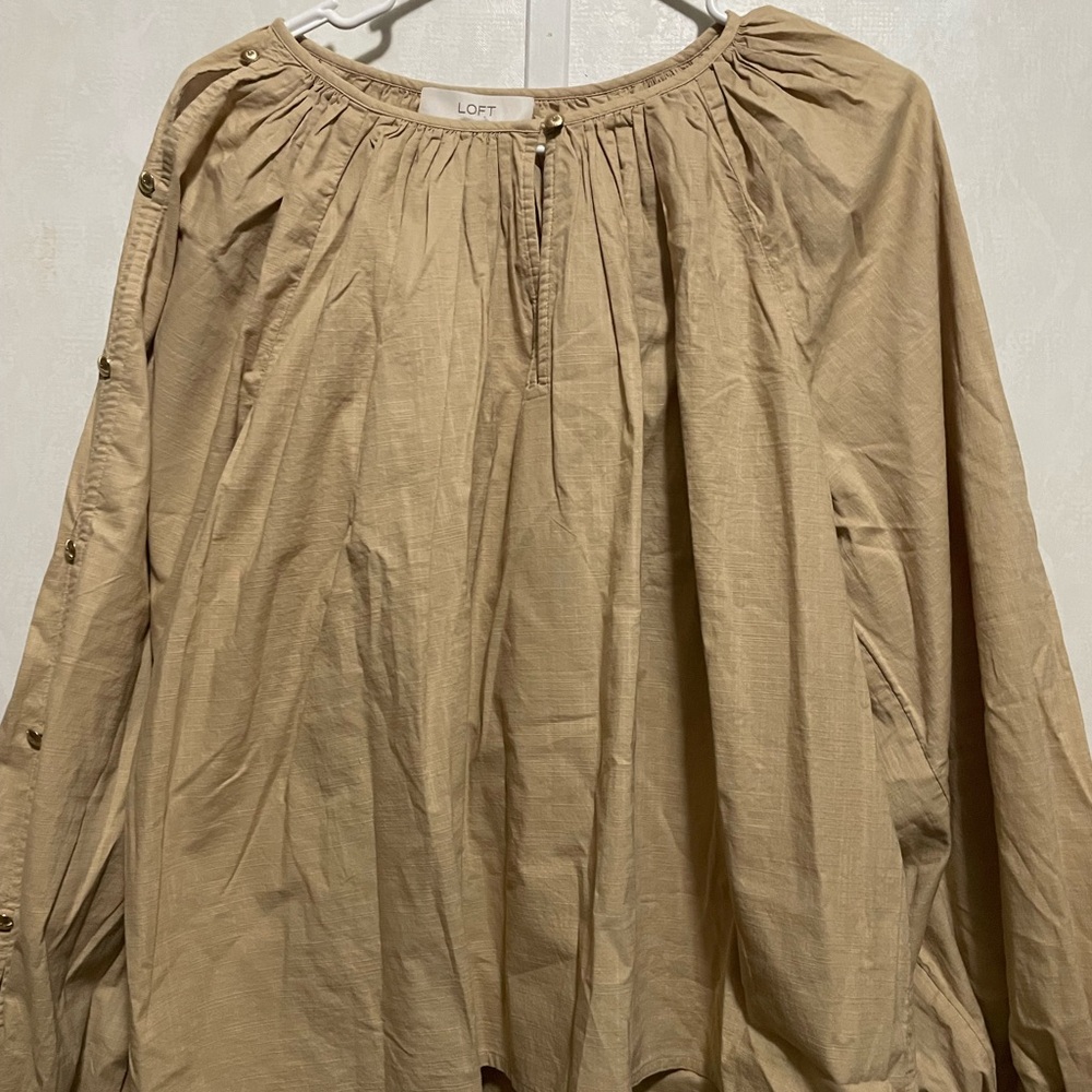 LOFT Tan Gathered Neck Button-Sleeve Blouse